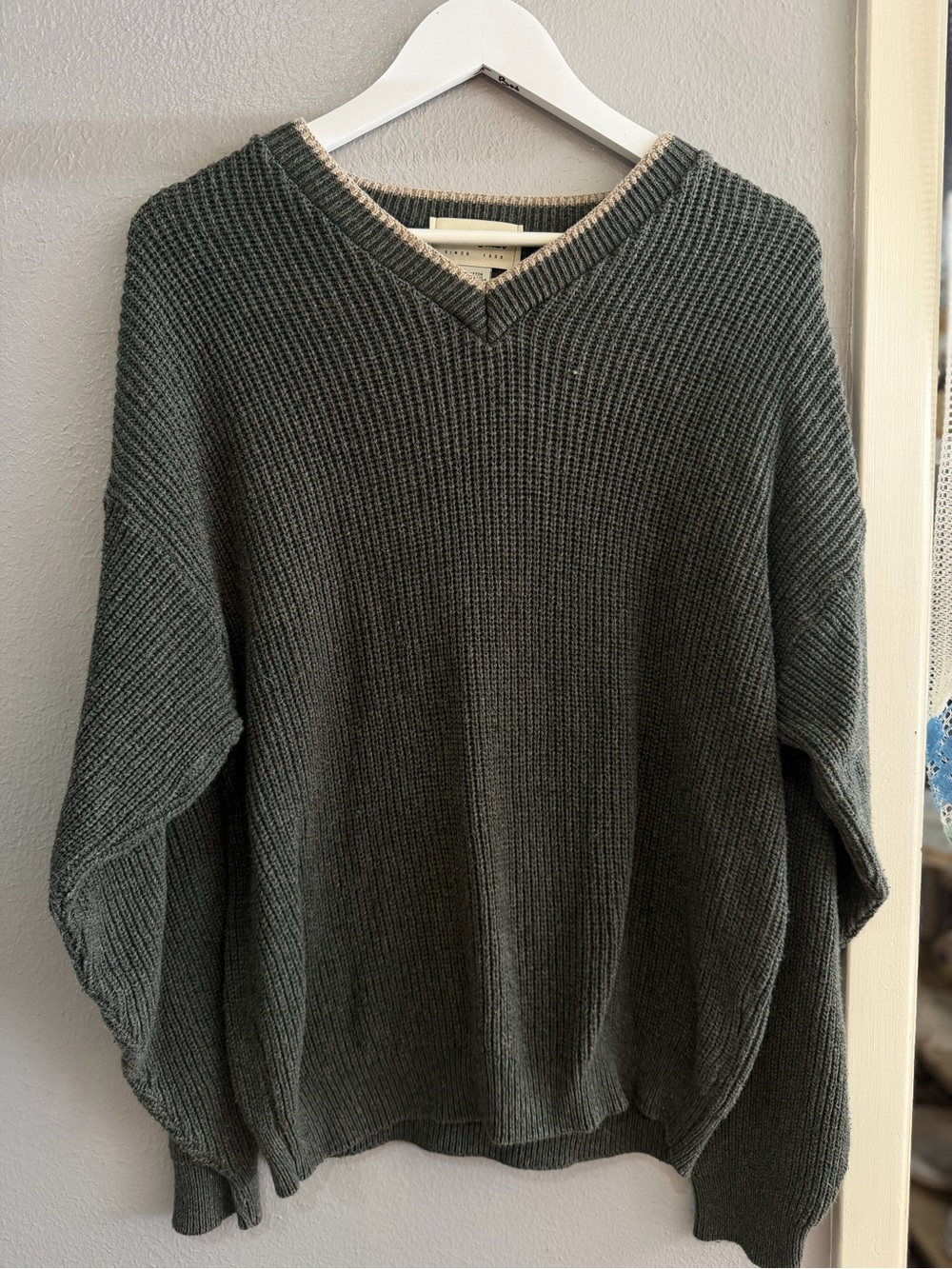 Eddie Bauer Dark Olive V-Neck Ribbed Knit Sweater
